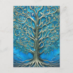 Intrikates blaues florales Baum-des-Lebens-Grafik Postkarte