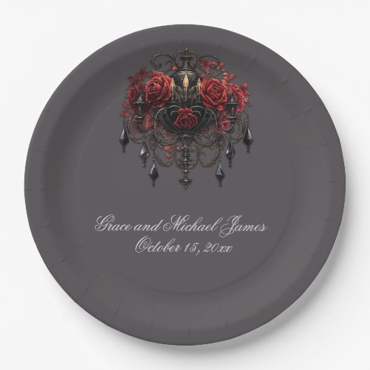 Intrikierter schwarz-gotischer Kronleuchter mit Ro Pappteller (Vorderseite)