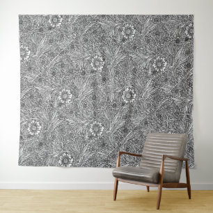 Intrikiertes Blumendesign in Schwarz und Weiß Wandteppich