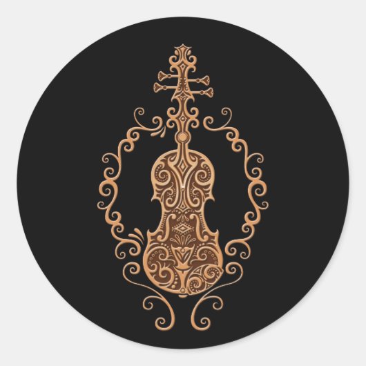 Intrikiertes braunes Violindesign auf schwarz Runder Aufkleber (Vorderseite)