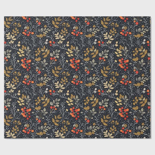 Intrikiertes Leaf- und Berry-Muster auf schwarz Geschenkpapier (Flach)