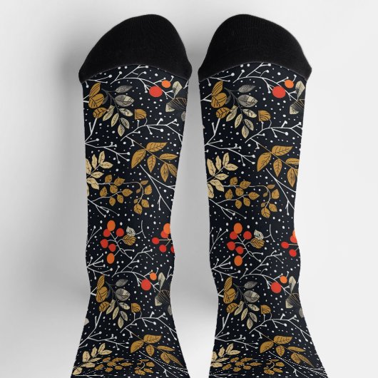 Intrikiertes Leaf- und Berry-Muster auf schwarz Socken (Oben)