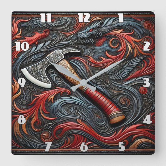 Intriziieren Sie Firemans Ax Amidst Swirling Desig Quadratische Wanduhr (Vorderseite)