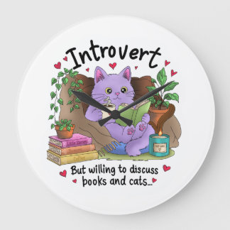 Introvertiert, aber bereit, über Bücher und Katzen Große Wanduhr