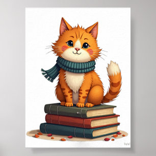 Introvertierte Katze, die Bücher liest, gemütliche Poster
