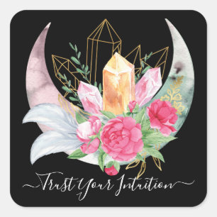 Intuition Kristalle Mond Federn Blumen Boho  Quadratischer Aufkleber