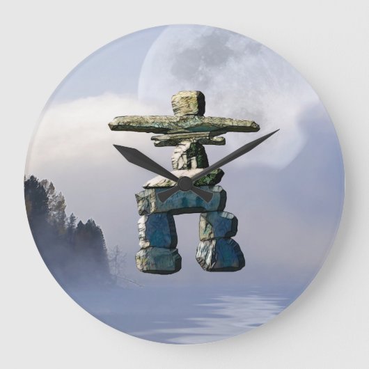 Inuit Inukshuk & Wilderness Moon Art Clock Große Wanduhr (Vorderseite)