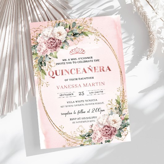 Invitación 15 Años Floral Rosa con Verde Eucalipto Einladung