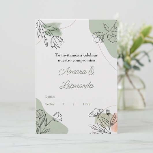 Invitación a compromiso o boda con flores einladung (Stehend Vorderseite)