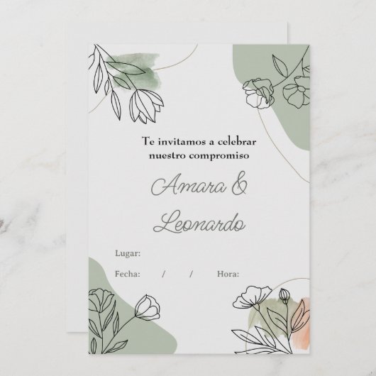 Invitación a compromiso o boda con flores einladung (Vorne/Hinten)