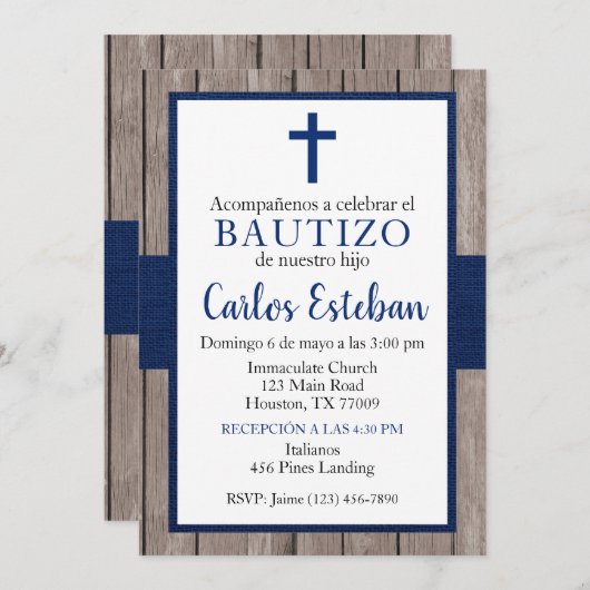 Invitación Azul Marino de Bautizo de Niño Einladung (Vorne/Hinten)