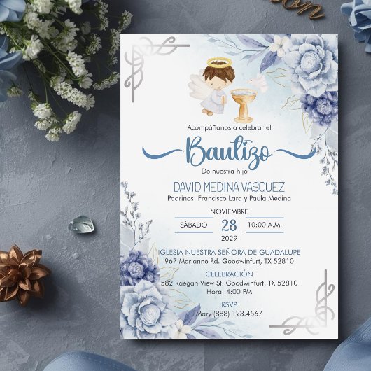 Invitacion Bautizo BLUE Blumen BOY Angel Taufe Einladung