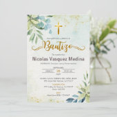 Invitacion Bautizo Green Blätter Religiöse Taufe Einladung (Stehend Vorderseite)