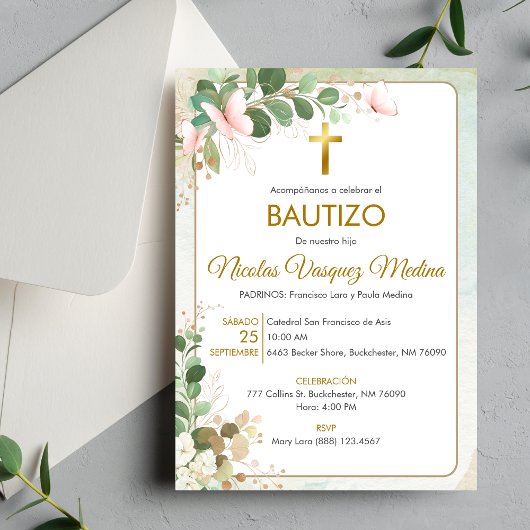 Invitacion Bautizo Green Blätter Religiöse Taufe Einladung