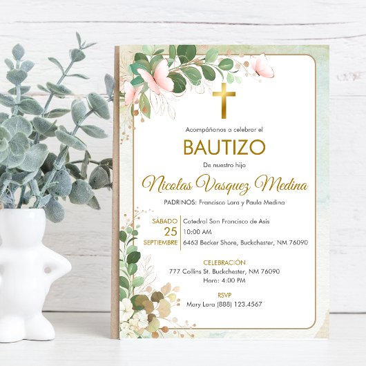 Invitacion Bautizo Green Blätter Religiöse Taufe Einladung