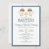 Invitacion Bautizo Jungen Taufe Niedlich Twin Ange Einladung (Vorderseite)