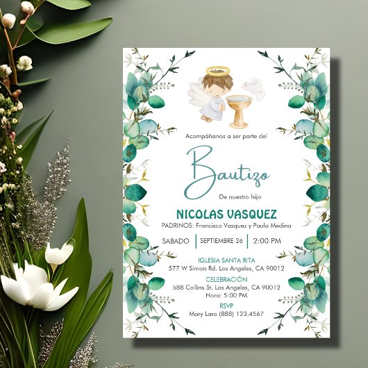 Invitacion Bautizo Niedliche Blätter Boy Angel Tau Einladung