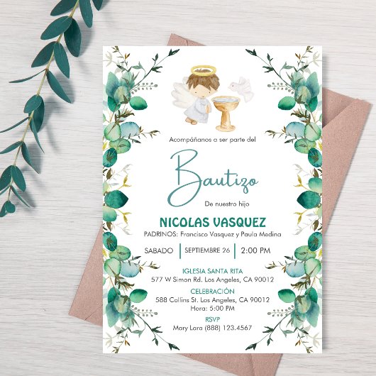 Invitacion Bautizo Niedliche Blätter Boy Angel Tau Einladung