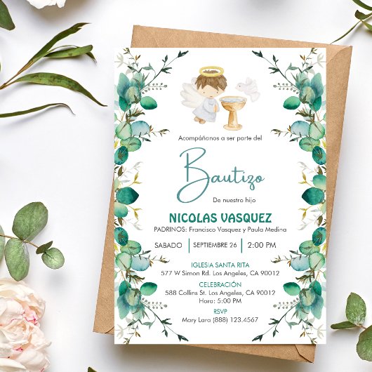 Invitacion Bautizo Niedliche Blätter Boy Angel Tau Einladung