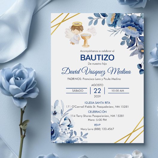 Invitacion Bautizo Niedliche Blume Boy Angel Taufe Einladung