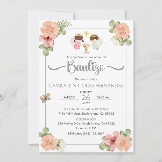 Invitacion Bautizo Niedliche Twin Angels Einladung (Vorderseite)