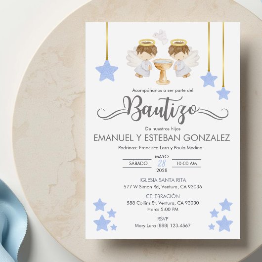 Invitacion Bautizo niños Taufe Niedlich Twin Angel Einladung
