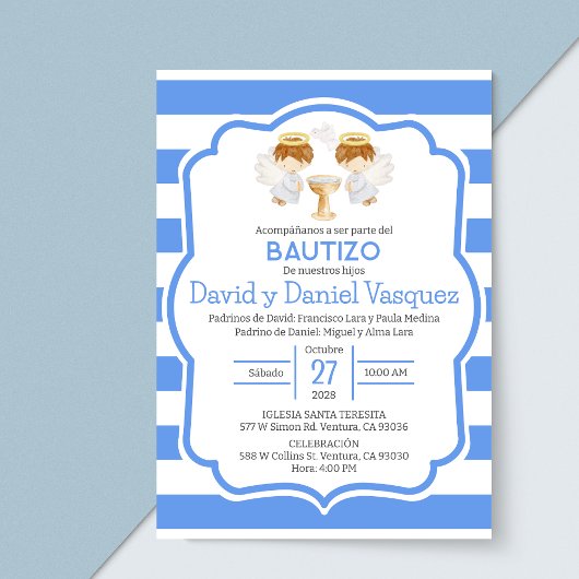 Invitacion Bautizo niños Taufe Niedlich Twin Angel Einladung