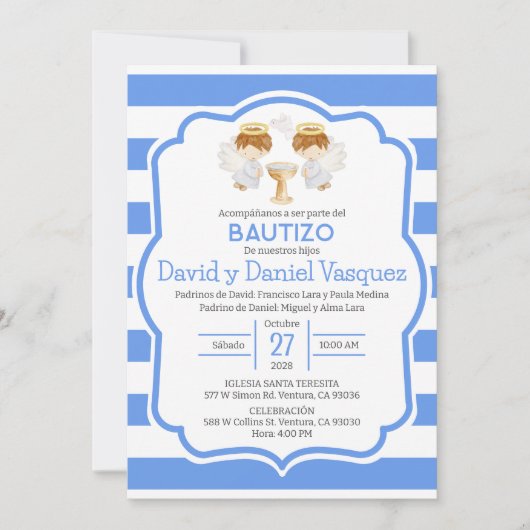 Invitacion Bautizo niños Taufe Niedlich Twin Angel Einladung (Vorderseite)