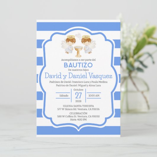 Invitacion Bautizo niños Taufe Niedlich Twin Angel Einladung (Stehend Vorderseite)