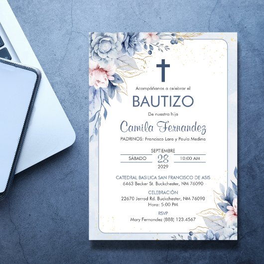 Invitacion Bautizo Religious Blue Flowers Taufe Einladung