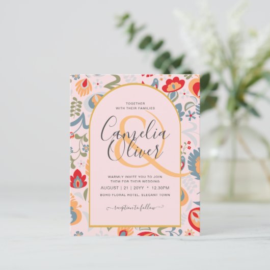 invitación bilingüe de boda de flores populär, (Stehend Vorderseite)