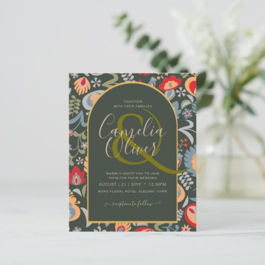 invitación bilingüe de boda de flores populär, (Stehend Vorderseite)