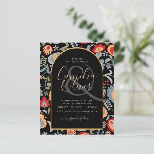 invitación bilingüe de boda de flores populär, (Stehend Vorderseite)
