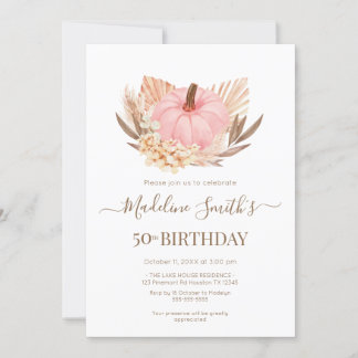 Invitación Boho Pink Pampas Grass Pumpkin Birthday Einladung
