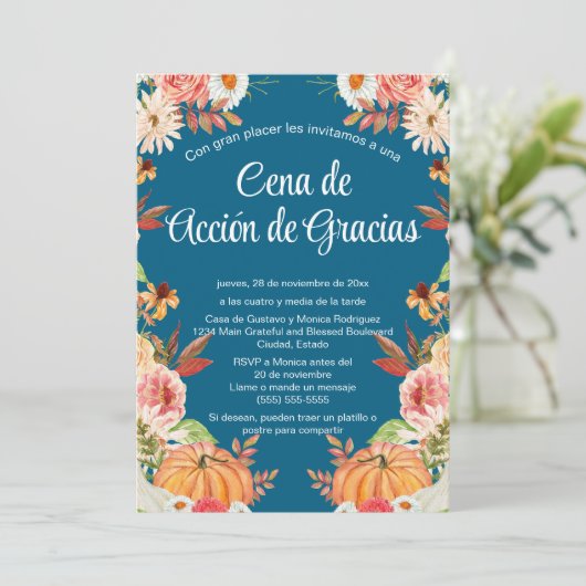 Invitación Cena de Acción de Gracias Azul Calabaza Einladung (Stehend Vorderseite)
