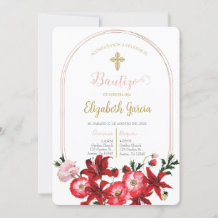 Invitación con flor roja para bautismo einladung
