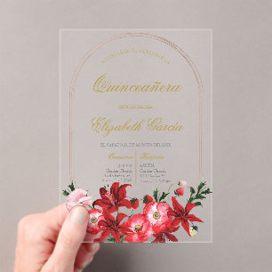 Invitación con flora roja para quinceañera acryleinladungen