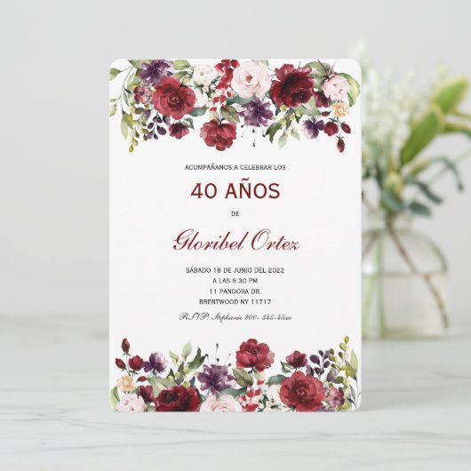 Invitación de 40 Años Mujer Einladung (Stehend Vorderseite)