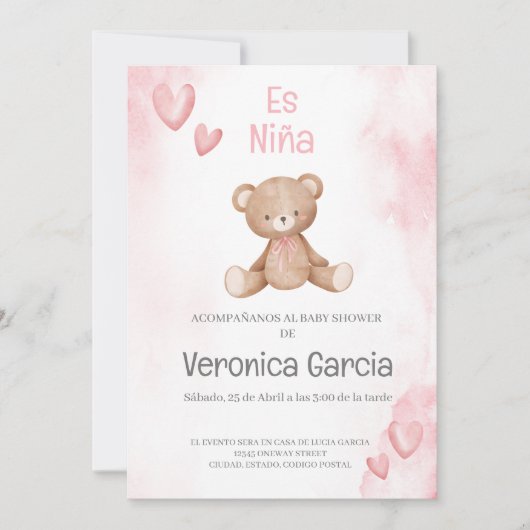 Invitacion de baby dusche para niña tema osito einladung (Vorderseite)