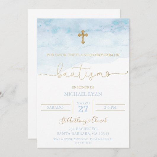 Invitación de bautismo azul y dorada para bebé einladung (Vorne/Hinten)