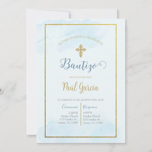 Invitación de bautismo color azul en español einladung (Vorderseite)