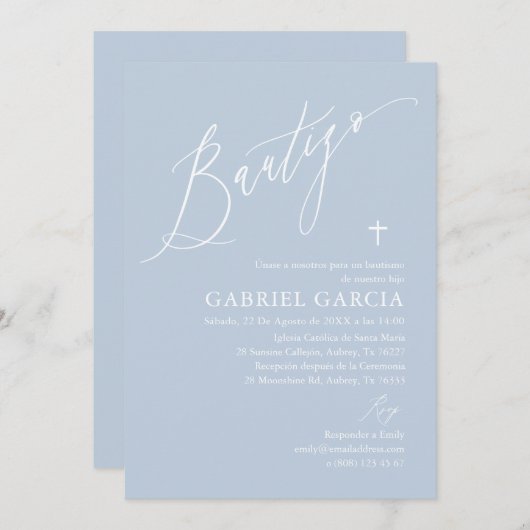Invitación de bautismo de niño azul polvoriento einladung (Vorne/Hinten)