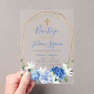 Invitación de bautismo floral azul en español acryleinladungen