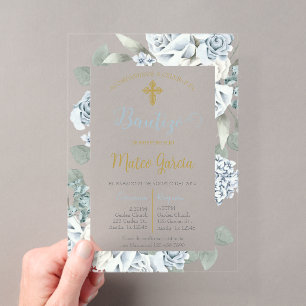 Invitación de bautismo floral azul en español acryleinladungen