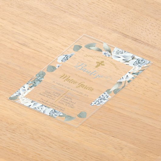 Invitación de bautismo floral azul en español acryleinladungen (Ablage )