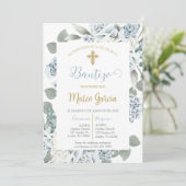 Invitación de bautismo floral azul en español einladung (Stehend Vorderseite)