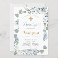 Invitación de bautismo floral azul en español