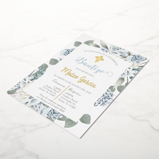 Invitación de bautismo floral azul en español folieneinladung (Gedreht)