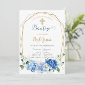 Invitación de bautismo floral azul en español invi einladung (Stehend Vorderseite)