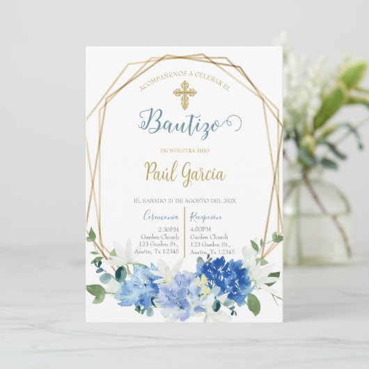 Invitación de bautismo floral azul en español invi einladung (Stehend Vorderseite)
